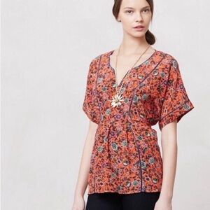 Anthropologie Maeve Top Women’s Small Orange Floral Kimono Style 100% Silk